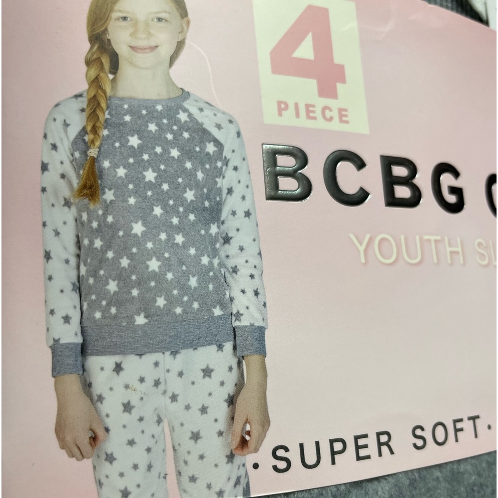 New BCBG Girl 4 Piece Pajama Set Gray and White. Soft, Comfortable. Size 14-16